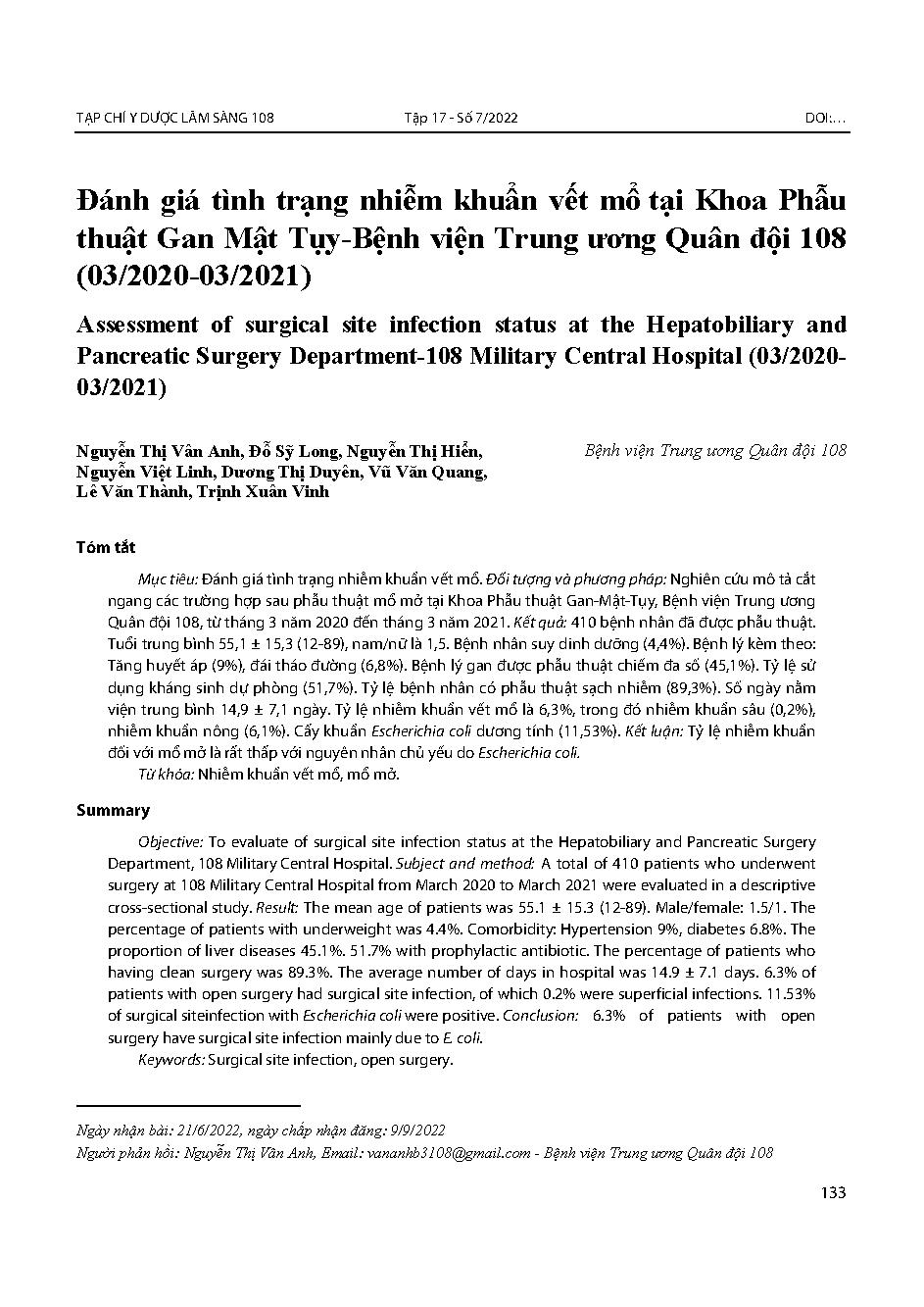 Đánh giá tình trạng nhiễm khuẩn vết mổ tại Khoa Phẫu thuật Gan Mật Tụy-Bệnh viện Trung ương Quân đội 108 (03/2020-03/2021) = Assessment of surgical site infection status at the Hepatobiliary and Pancreatic Surgery Department-108 Military Central Hospital 