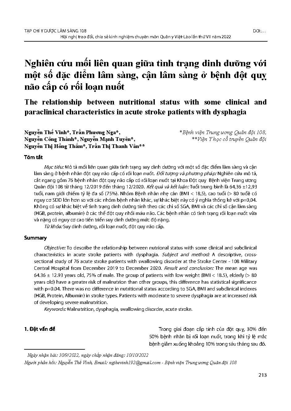 Nghiên cứu mối liên quan giữa tình trạng dinh dưỡng với một số đặc điểm lâm sàng, cận lâm sàng ở bệnh đột quỵ não cấp có rối loạn nuốt