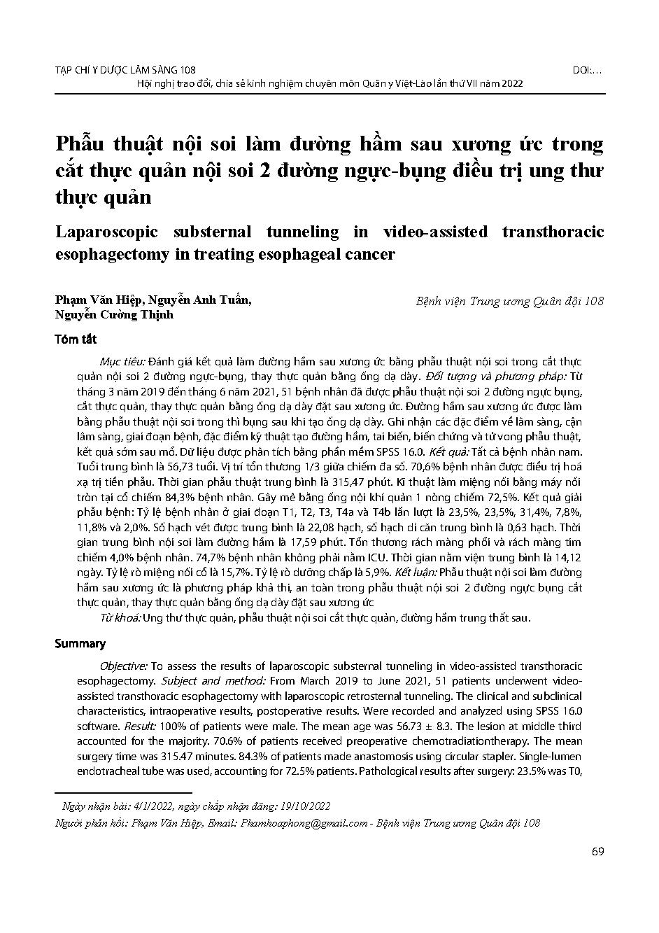 Phẫu thuật nội soi làm đường hầm sau xương ức trong cắt thực quản nội soi 2 đường ngực-bụng điều trị ung thư thực quản = Laparoscopic substernal tunneling in video-assisted transthoracic esophagectomy in treating esophageal cancer