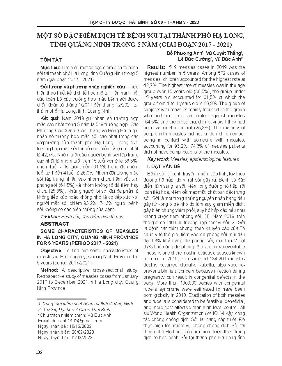 Một số đặc điểm dịch tễ bệnh sởi tại thành phố hạ long, tỉnh quảng ninh trong 5 năm (giai đoạn 2017 - 2021)