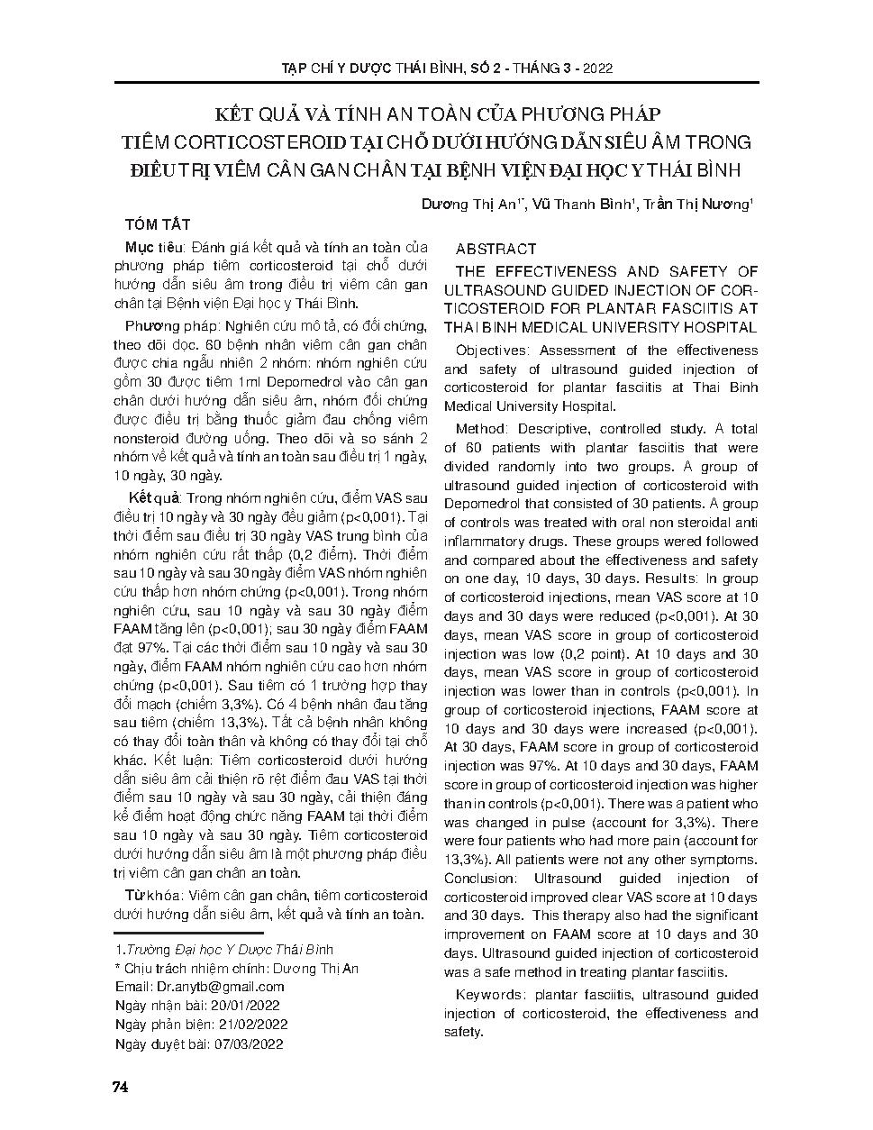 Kết quả và tính an toàn của phương pháp tiêm corticosteroid tại chỗ dưới hướng dẫn siêu âm trong điều trị viêm cân gan chân tại Bệnh viện Đại học Y Thái Bình = The effectiveness and safety of ultrasound guided injection of corticosteroid for plantar fasci