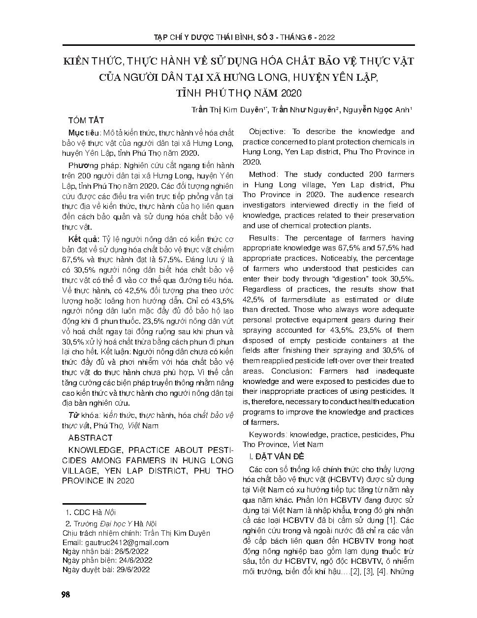 Kiến thức, thực hành về sử dụng hóa chất bảo vệ thực vật của người dân tại xã Hưng Long, huyện Yên Lập, tỉnh Phú Thọ năm 2020 = Knowledge, practice about pesticides among farmers in Hung Long village, Yen Lap district, Phu Tho province in 2020
