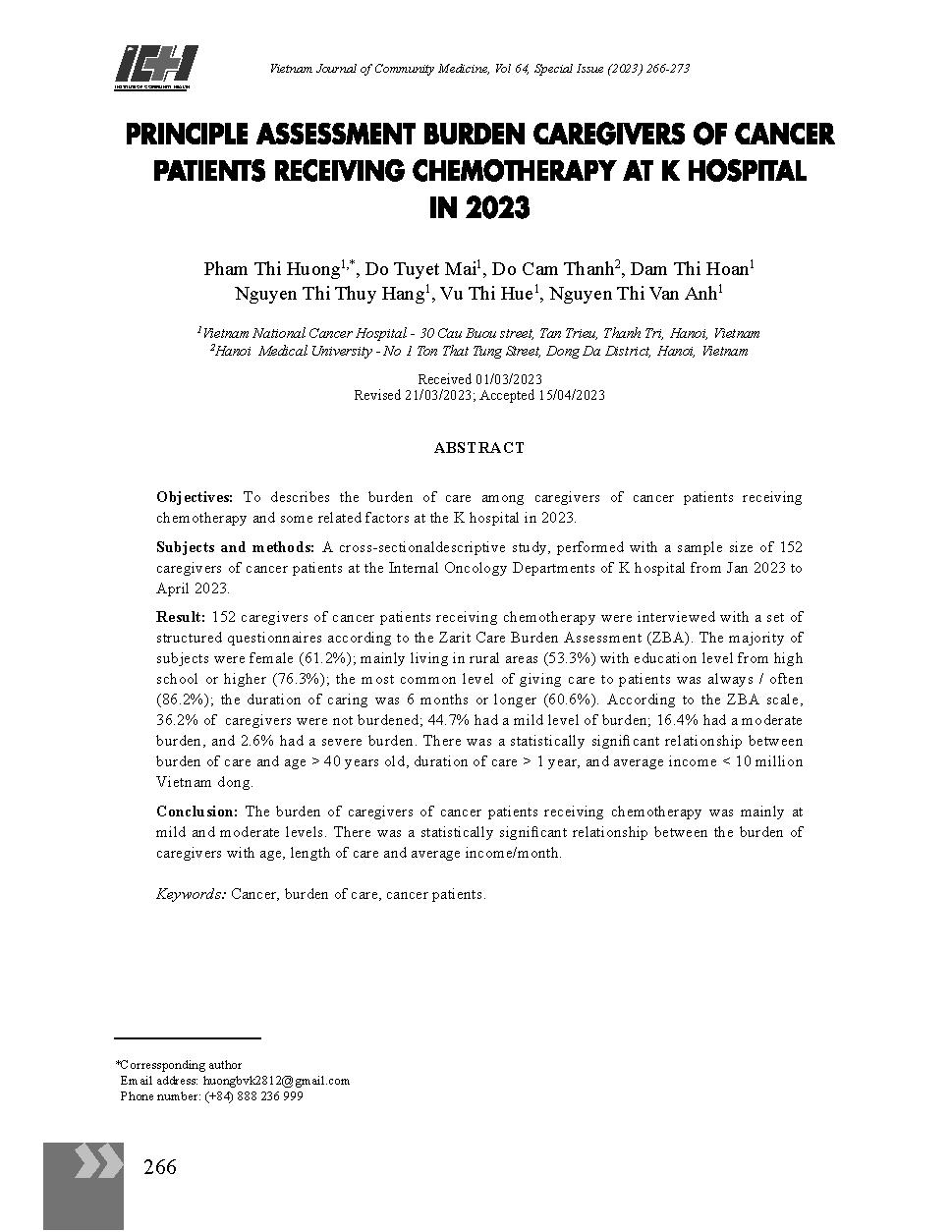 Bước đầu đánh giá gánh nặng của người chăm sóc chính người bệnh hóa trị tại Bệnh viện K năm 2023 = Principle assessment burden caregivers of cancer patients receiving chemotherapy at K Hospital in 2023