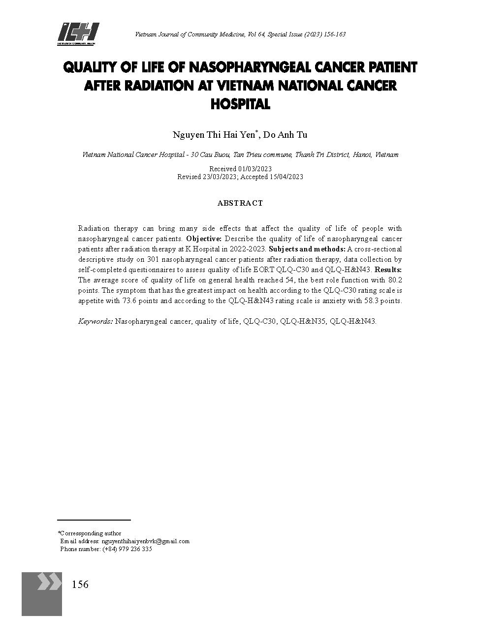 Chất lượng cuộc sống của người bệnh ung thư vòm mũi họng sau xạ trị tại Bệnh viện K = Quality of life of nasopharyngeal cancer patient after radiation at Vietnam National Cancer Hospital