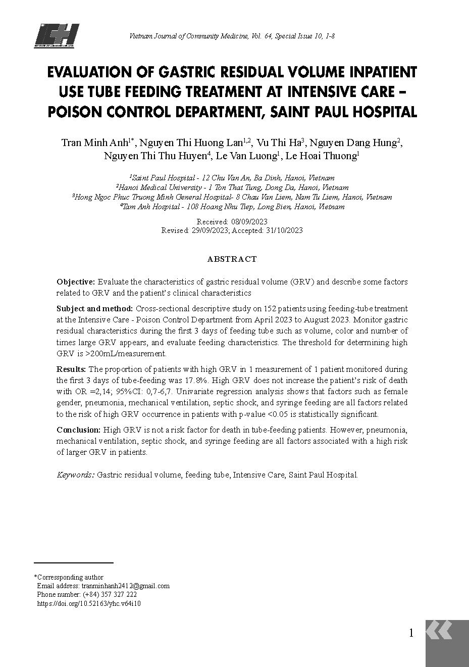 Đánh giá dịch tồn dư dạ dày ở người bệnh nuôi dưỡng qua ống thông điều trị tại khoa Hồi sức tích cực - Chống độc Bệnh viện Đa khoa Xanh Pôn = Evaluation of gastric residual volume inpatient use tube feeding treatment at intensive Care - Poison Control Dep