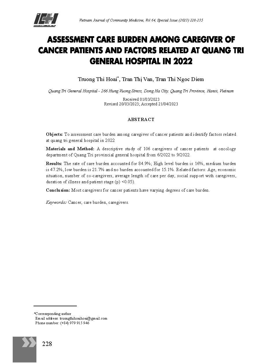 Đánh giá gánh nặng chăm sóc của người nhà bệnh nhân ung thư và các yếu tố liên quan tại Bệnh viện Đa khoa tỉnh Quảng Trị năm 2022 = Assessment care burden among caregiver of cancer patients and factors related at Quang Tri general Hospital in 2022