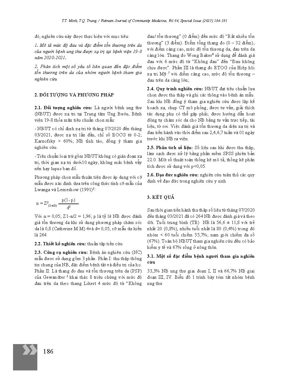 Đánh giá tổn thương da và đau của người bệnh ung thư có xạ trị tại Bệnh viện 19 - 8 và một số yếu tố liên quan = Assessment of pain and skin reaction characteristics among cancer patients with radiation therapy at 19-8 Hospital and several associated fact