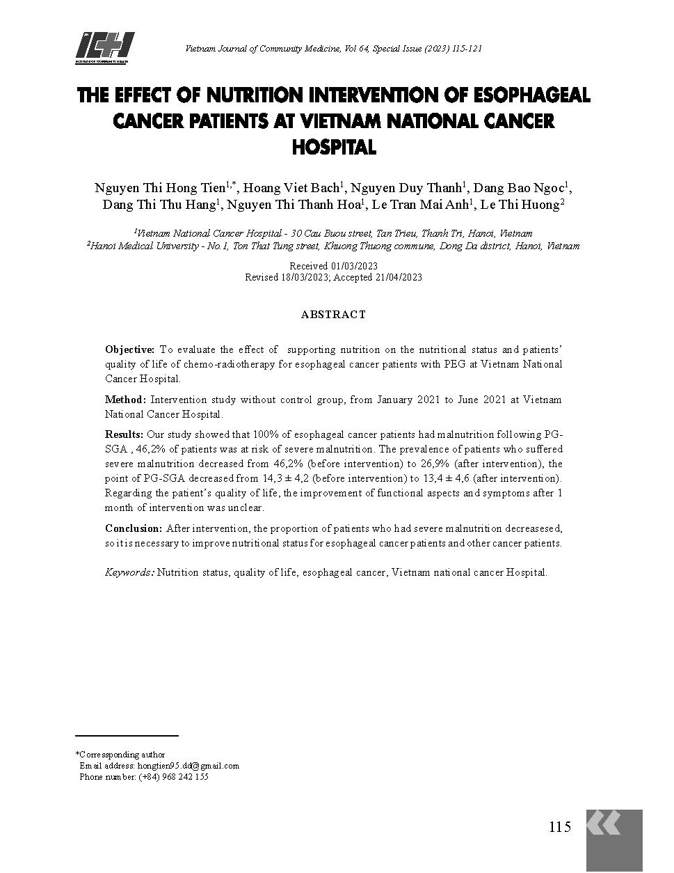 Hiệu quả can thiệp dinh dưỡng trên bệnh nhân ung thư thực quản tại Bệnh viện K = The effect of nutrition intervention of esophageal cancer patients at Vietnam National Cancer Hospital