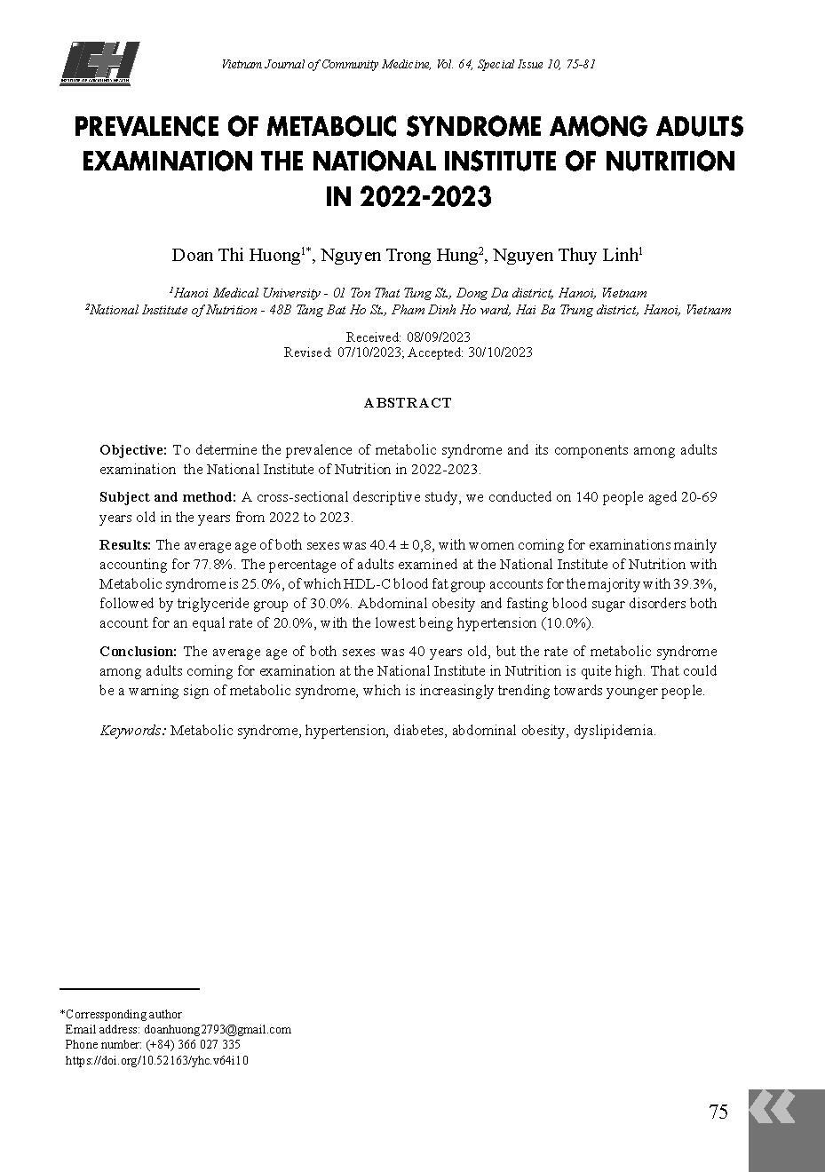 Hội chứng chuyển hóa của người trưởng thành đến khám tại Viện Dinh dưỡng năm 2022-2023 = Prevalence of metabolic syndrome among adults examination the national institute of nutrition in 2022-2023