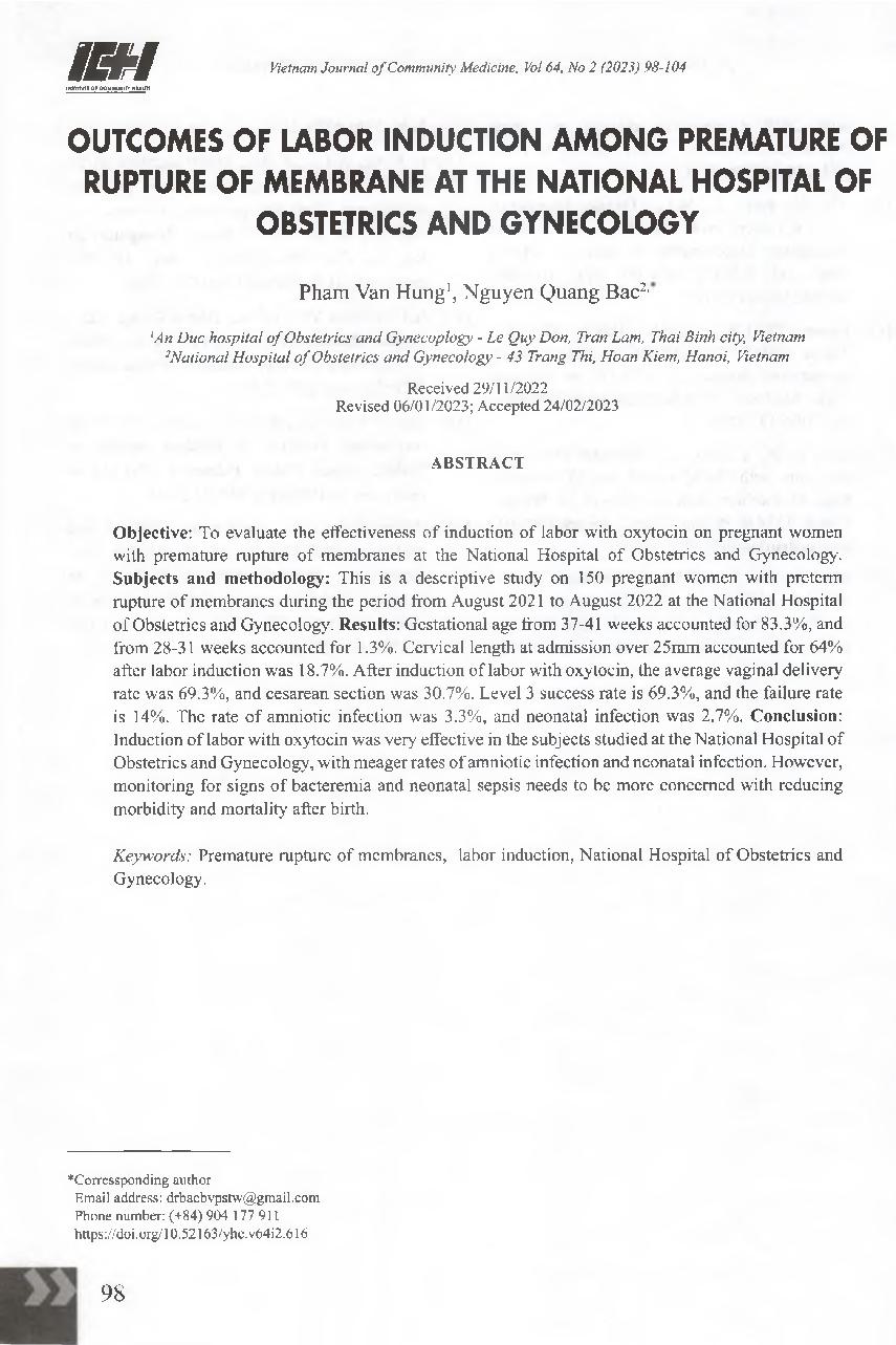 Kết quả gây chuyển dạ ở sản phụ ối vỡ non có tuổi thai trên 28 tuần tại Bệnh viện Phụ sản Trung ương