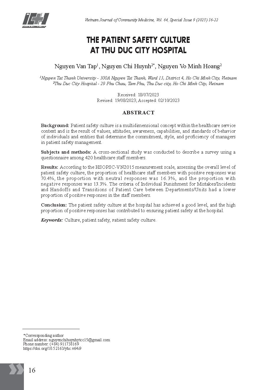 Kết quả quản lý văn hoá an toàn người bệnh và một số yếu tố ảnh hưởng tại Bệnh viện thành phố Thủ Đức
