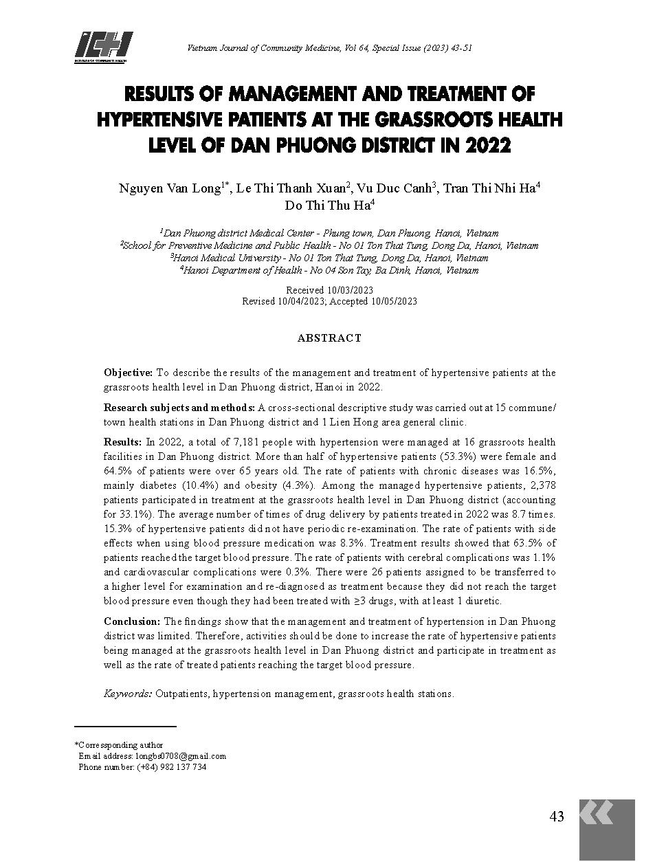 Kết quả quản lý, điều trị bệnh tăng huyết áp tại tuyến y tế cơ sở của huyện Đan Phượng năm 2022 = Results of management and treatment of hypertensive patients at the grassroots health level of Dan Phuong district in 2022
