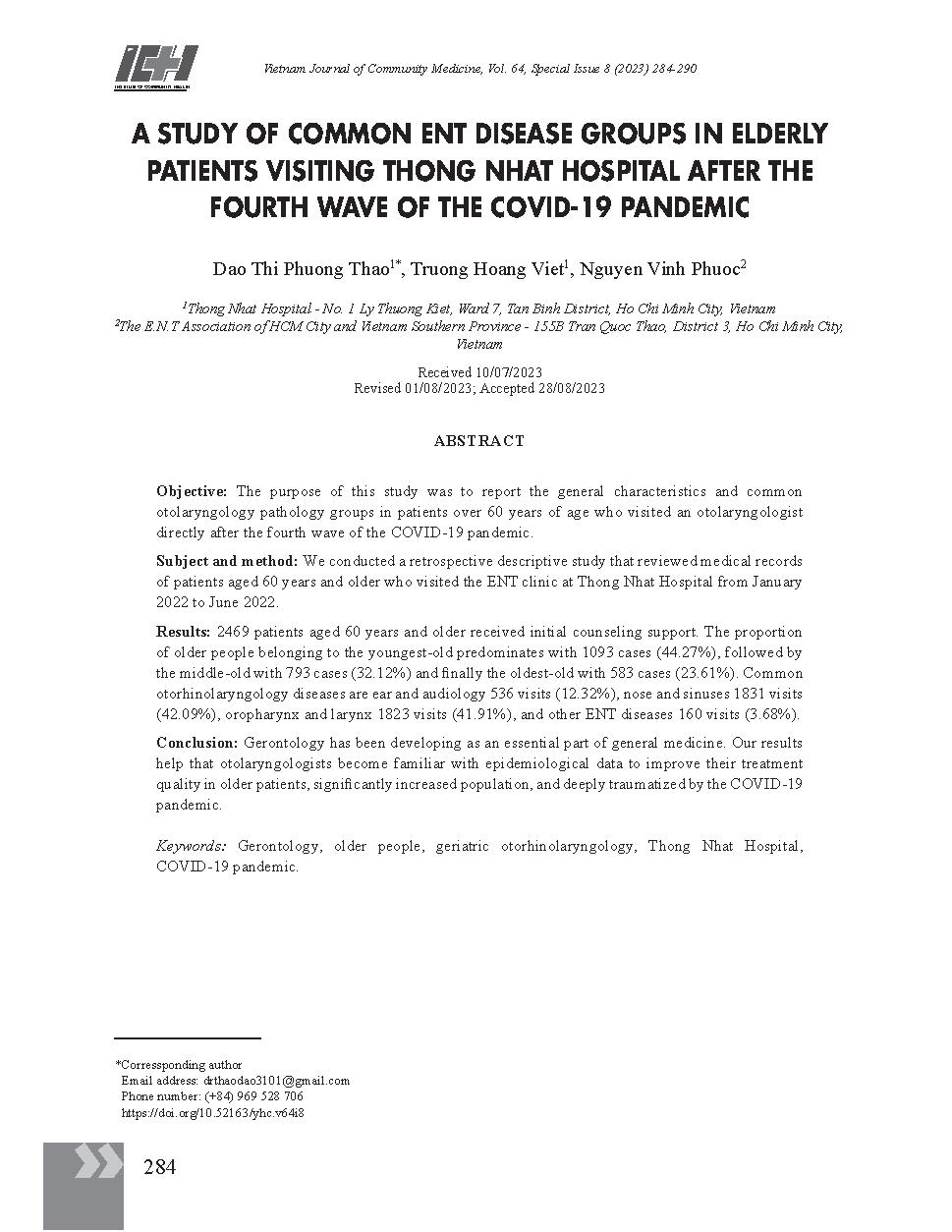 Khảo sát nhóm bệnh tai mũi họng thường gặp ở người cao tuổi đến khám tại Bệnh viện Thống Nhất sau đợt dịch Covid-19 thứ tư