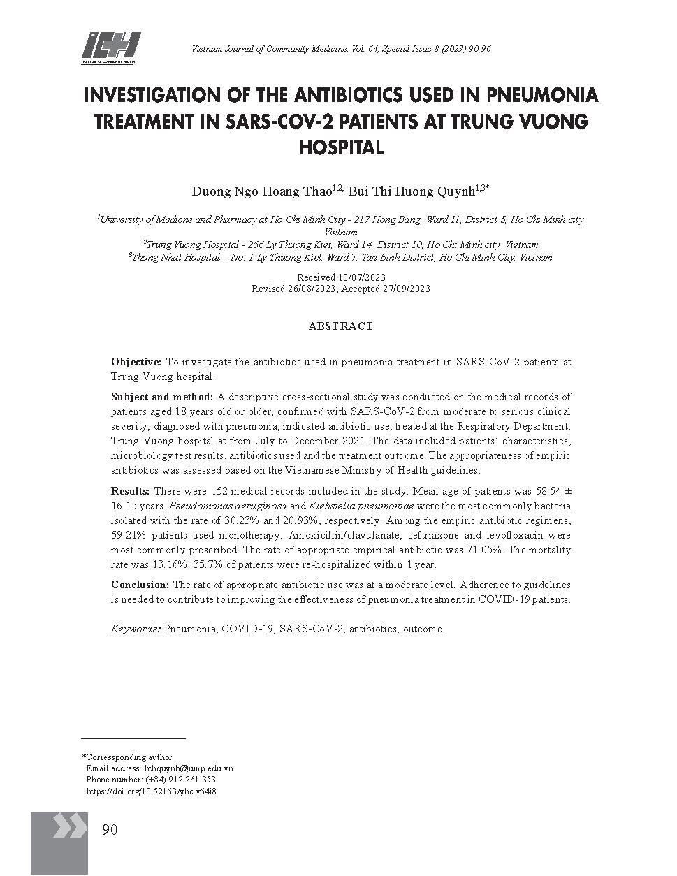 Khảo sát tình hình sử dụng kháng sinh trong điều trị viêm phổi trên bệnh nhân nhiễm Sars-Cov-2 tại Bệnh viện Trưng Vương