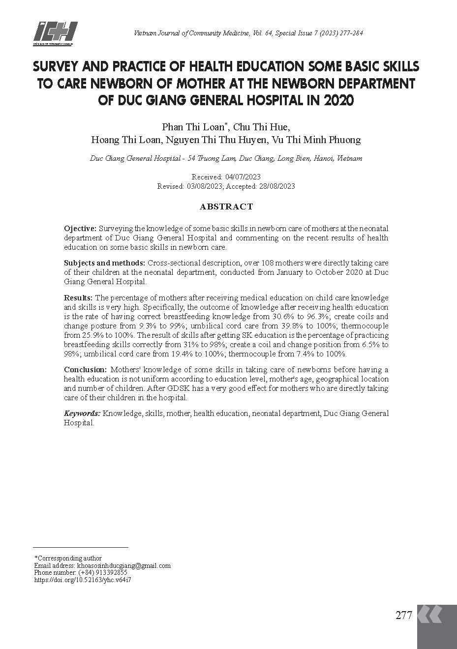 Khảo sát và thực hành giáo dục sức khỏe về một số kỹ năng cơ bản chăm sóc trẻ sơ sinh của bà mẹ tại khoa sơ sinh Bệnh viện Đa khoa Đức Giang năm 2020 = Survey and practice of health education some basic skills to care newborn of mother at the newborn depa