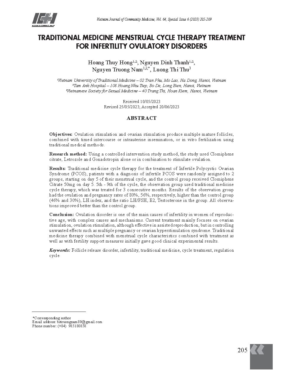 Liệu pháp chu kỳ y học cổ truyền điều trị vô sinh nữ do rối loạn phóng noãn = Traditional medicine menstrual cycle therapy treatment for infertility ovulatory disorders