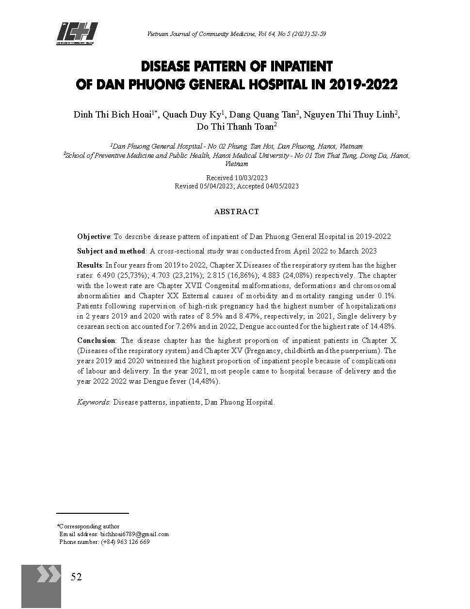 Mô hình bệnh tật ở bệnh nhân điều trị nội trú tại Bệnh viện Đa khoa huyện Đan Phượng, giai đoạn 2019 - 2022 = Disease pattern of inpatient of Dan Phuong general Hospital in 2019-2022