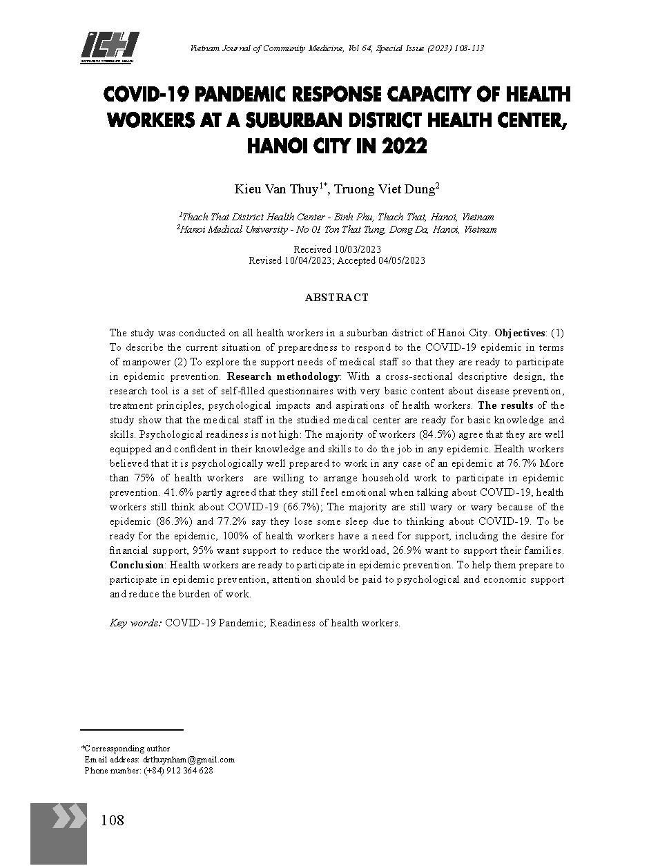 Năng lực ứng phó với đại dịch Covid-19 của nhân viên y tế tại trung tâm y tế một huyện ngoại thành thành phố Hà Nội năm 2022 = Covid-19 Pandemic response capacity of health workers at a suburban district health center, Hanoi city in 2022
