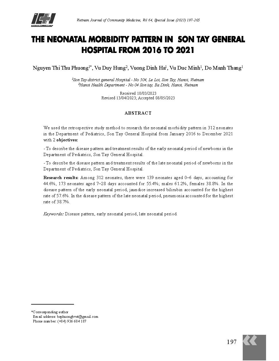 Nghiên cứu mô hình bệnh tật giai đoạn sơ sinh tại Bệnh viện Đa khoa Sơn Tây năm 2016-2021 = The neonatal morbidity pattern in Son Tay general Hospital from 2016 to 2021
