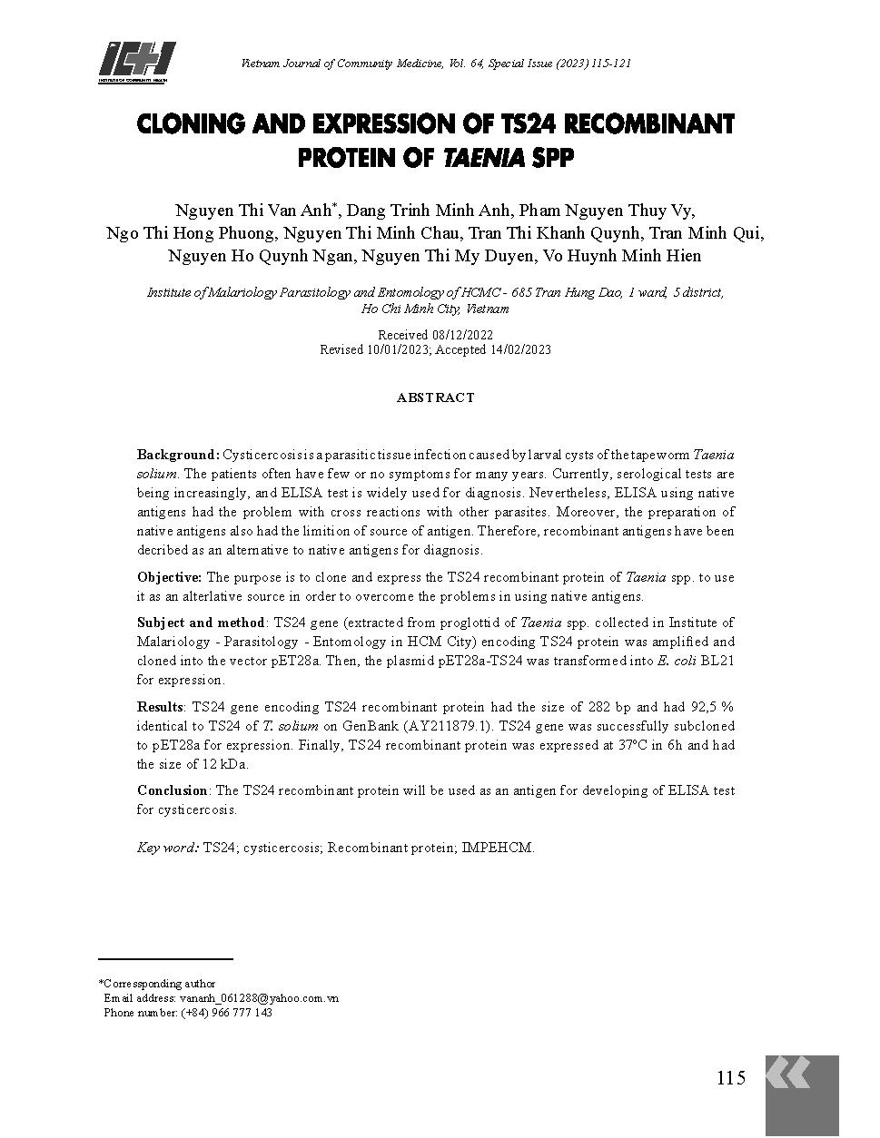 Nghiên cứu tạo dòng và biểu hiện Protein tái tổ hợp TS24 của TaeniaSpp = Cloning and expression of TS24 recombinant protein of Taenia Spp