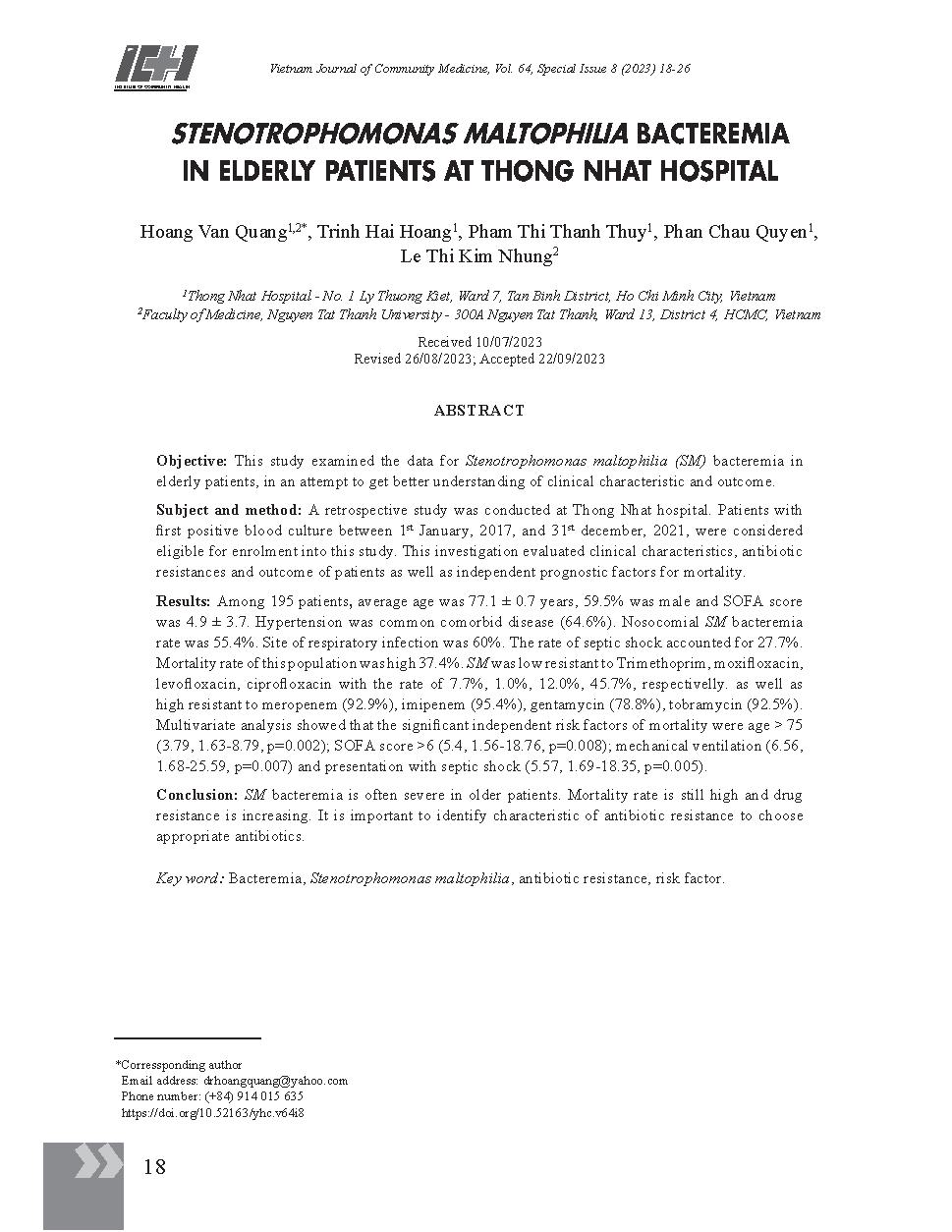 Nhiễm khuẩn huyết do Stenotrophomonas Maltophilia ở bệnh nhân cao tuổi tại Bệnh viện Thống Nhất = Stenotrophomonas Maltophilia bacteremia in elderly patients at Thong Nhat Hospital
