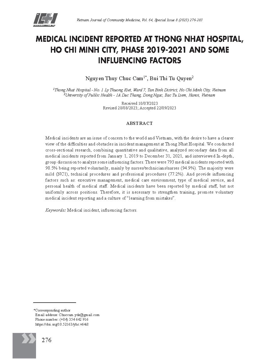 Sự cố y khoa được báo cáo tại Bệnh viện Thống Nhất, thành phố Hồ Chí Minh giai đoạn 2019 - 2021 và một số yếu tố ảnh hưởng