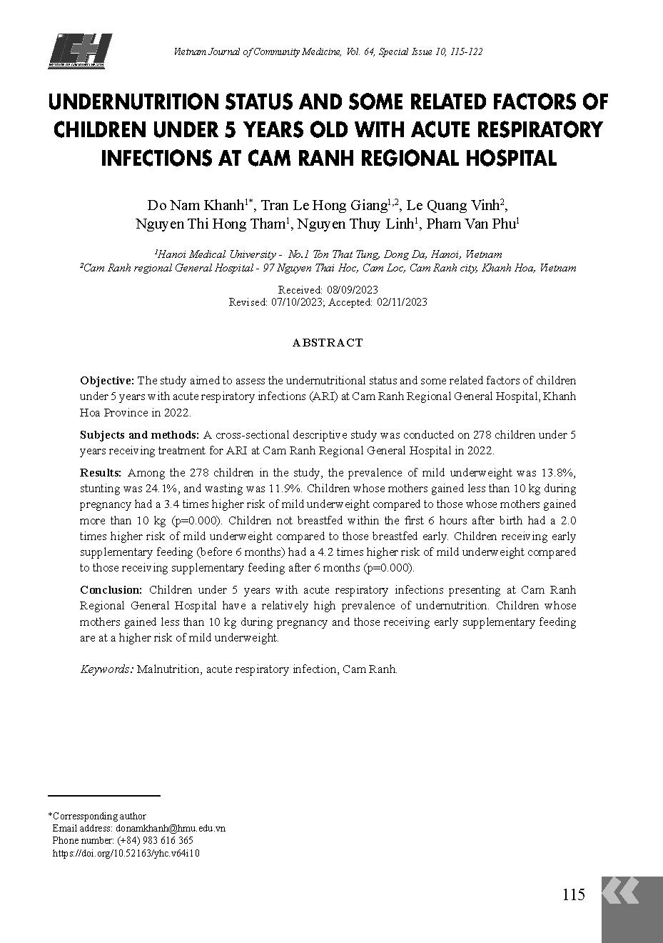 Suy dinh dưỡng và một số yếu tố liên quan của trẻ dưới 5 tuổi bị nhiễm khuẩn hô hấp cấp tại Bệnh viện Đa khoa khu vực Cam Ranh = Undernutrition status and some related factors of children under 5 years old with acute respiratory infections at Cam Ranh reg