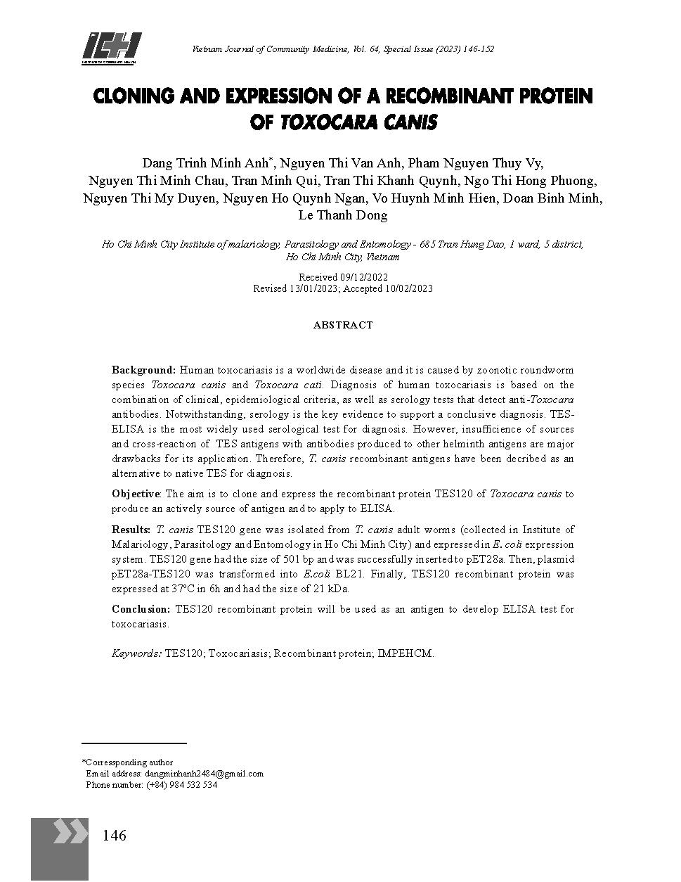 Tạo dòng và sản xuất Protein tái tổ hợp của Toxocara Canis = Cloning and expression of a recombinant protein of Toxocara Canis