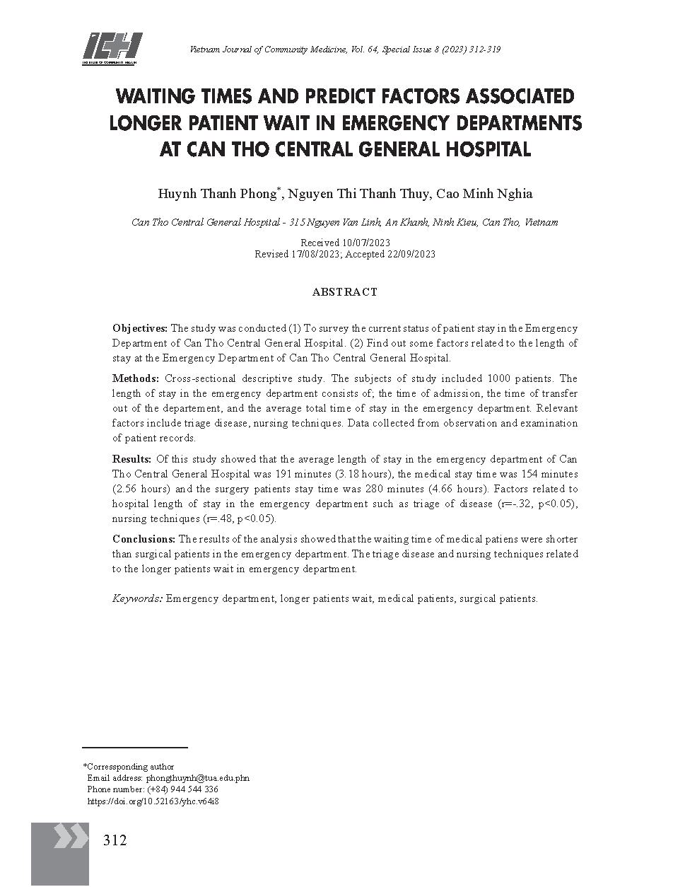 Thời gian lưu bệnh và dự đoán các yếu tố liên quan đến lưu bệnh tại khoa cấp cứu Bệnh viện Đa khoa Trung ương Cần Thơ