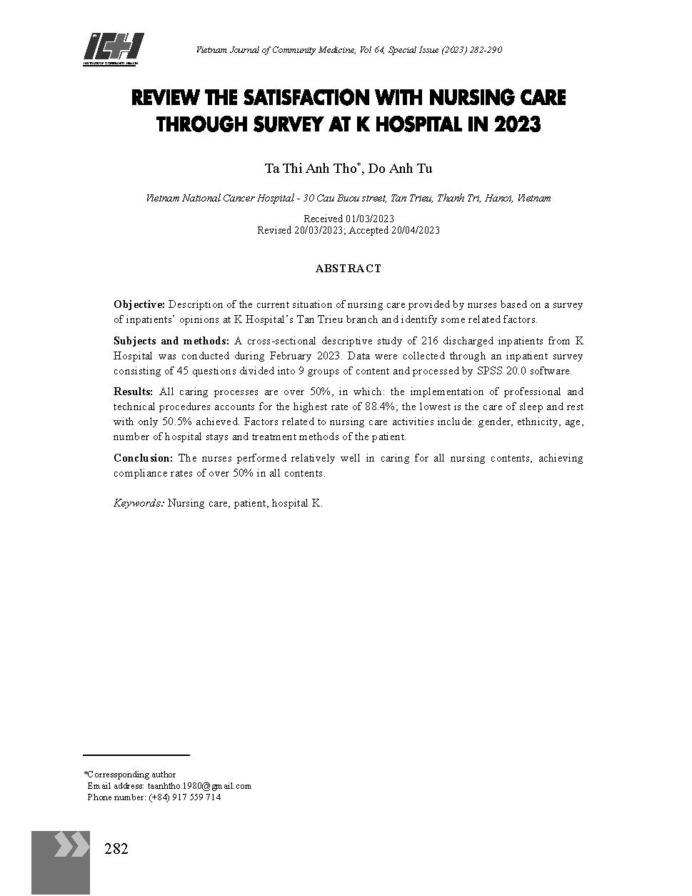 Thực trạng công tác chăm sóc điều dưỡng qua khảo sát ý kiến người bệnh điều trị nội trú tại Bệnh viện K năm 2023 = Review the satisfaction with nursing care through survey at K hospital in 2023