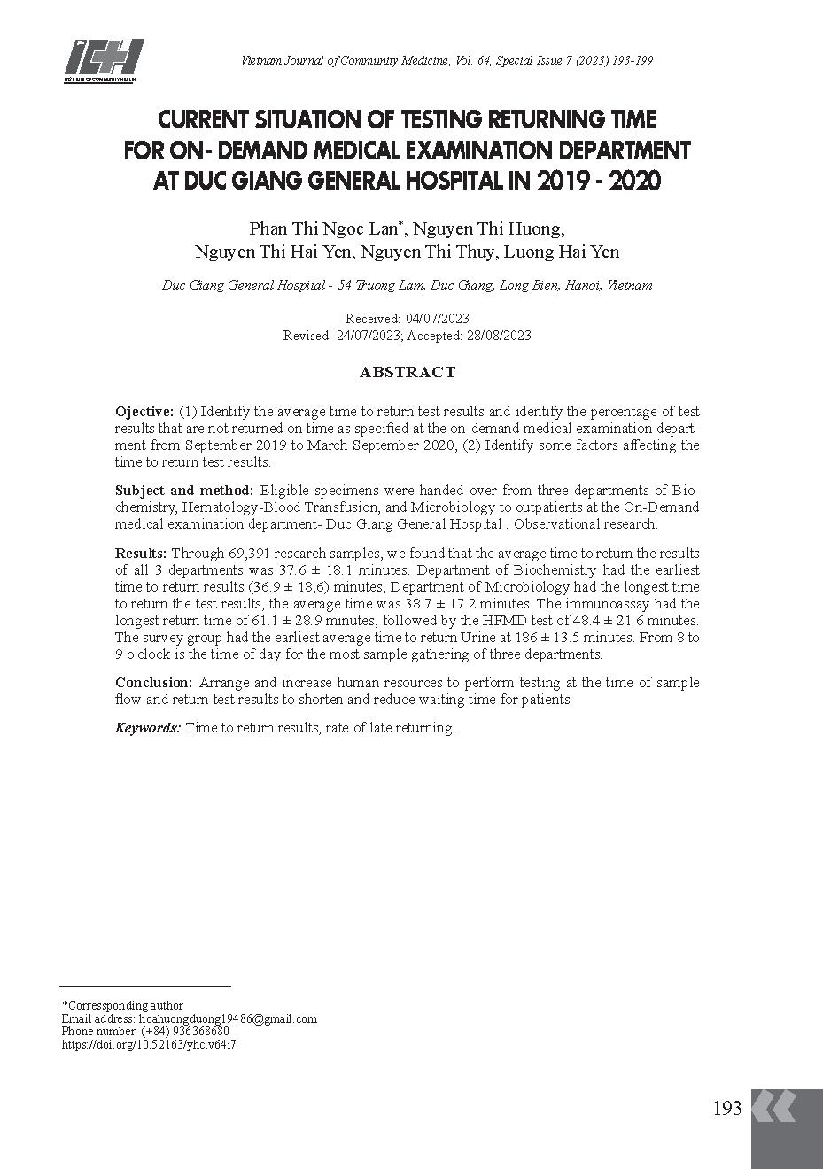 Thực trạng thời gian trả kết quả xét nghiệm cho khu khám bệnh yêu cầu tại Bệnh viện Đa khoa Đức Giang năm 2019 - 2020 = Current situation of testing returning time for on- demand medical examination department at Duc Giang General Hospital in 2019 - 2020