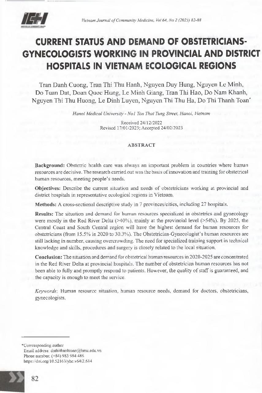 Thực trạng và nhu cầu bác sĩ chuyên khoa sản làm việc tại bệnh viện tuyến tỉnh, huyện theo các vùng sinh thái Việt Nam