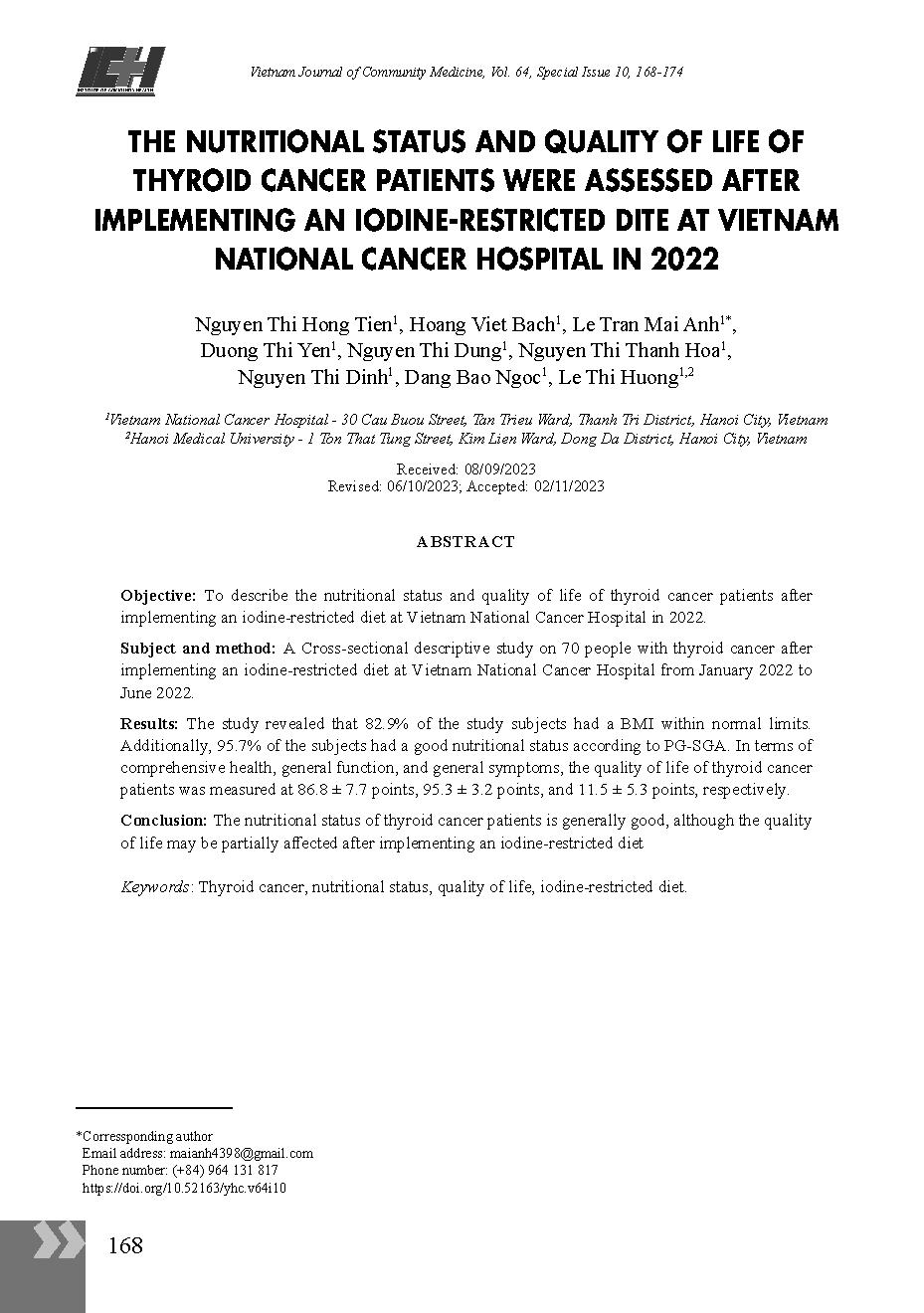 Tình trạng dinh dưỡng và chất lượng cuộc sống của người bệnh ung thư tuyến giáp sau khi thực hiện chế độ ăn hạn chế Iod tại Bệnh viện K năm 2022 = The nutritional status and quality of life of thyroid cancer patients were assessed after implementing an Io