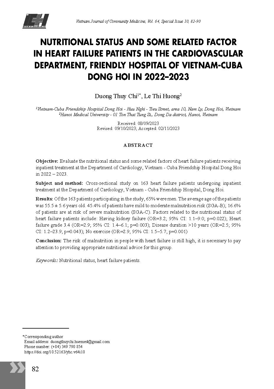 Tình trạng dinh dưỡng và một số yếu tố liên quan ở người bệnh suy tim tại Khoa Nội tim mạch, Bệnh viện hữu nghị Việt Nam - Cuba Đồng Hới năm 2022 - 2023 = Nutritional status and some related factor in heart failure patients in the Cardiovascular Departmen