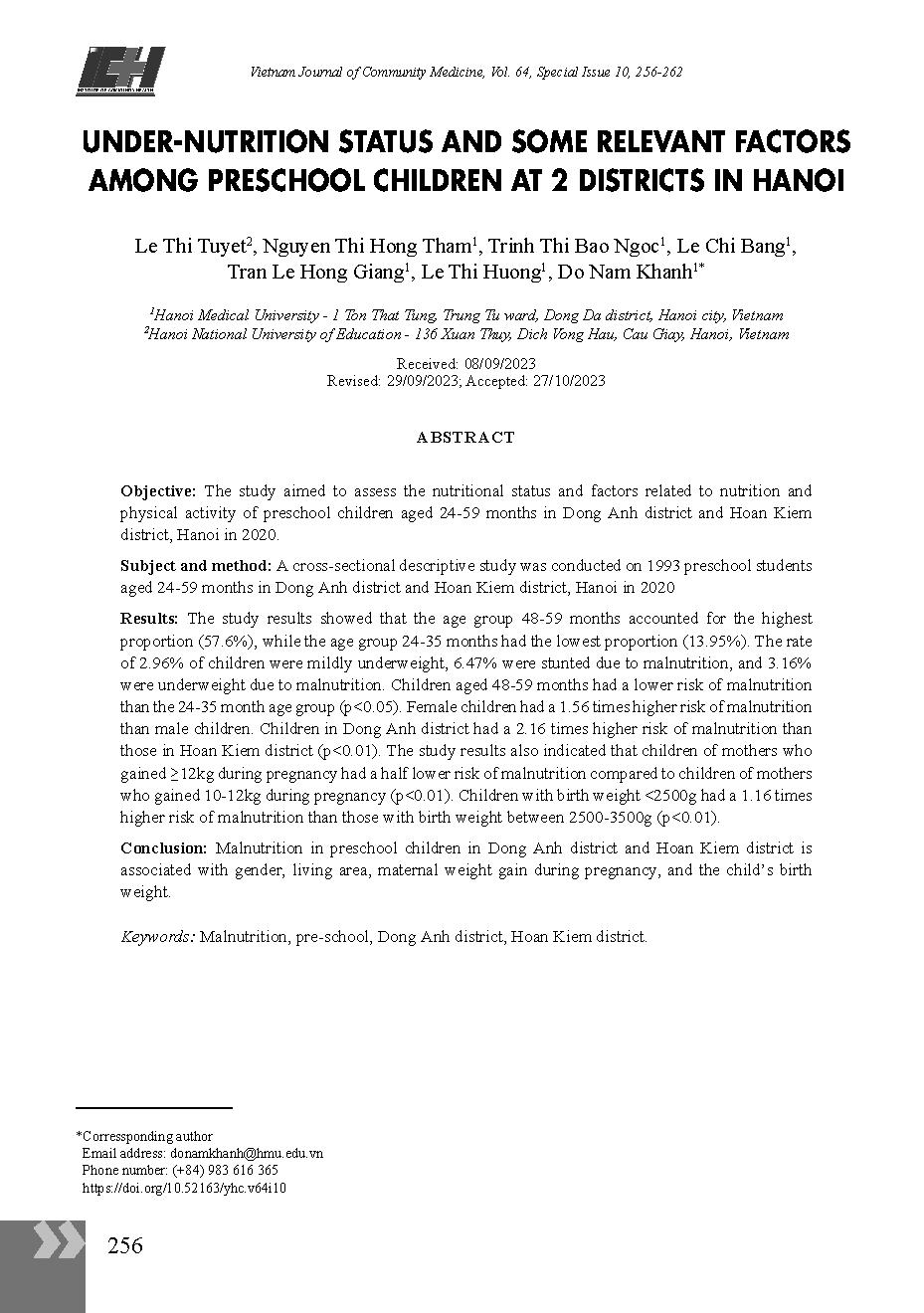 Tình trạng suy dinh dưỡng và một số yếu tố liên quan của trẻ mầm non ở 2 quận, huyện của Hà Nội = Under-nutrition status and some relevant factors among preschool children at 2 districts in Hanoi