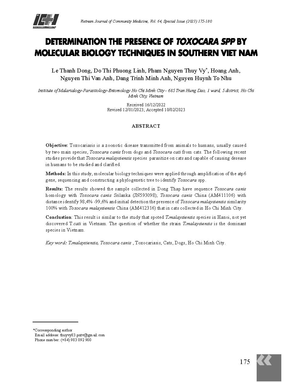 Xác định các loài ToxocaraSpp. bằng kỹ thuật sinh học phân tử ở miền Nam Việt Nam = Determination the presence of ToxocaraSpp. by molecular biology techniques in Southern Vietnam