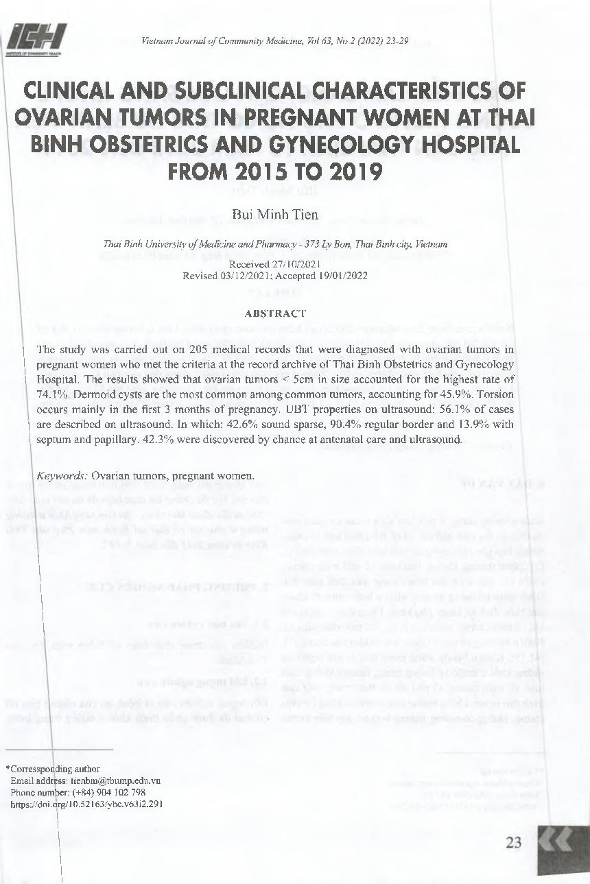 Đặc điểm lâm sàng, cận lâm sàng khối u buồng trứng ở phụ nữ có thai tại Bệnh viện Phụ sản Thái Bình từ năm 2015 đến 2019 = Clinical and subclinical characteristics of ovarian tumors in pregnant women at Thai Binh Obstetrics and Gynecology Hospital from 20