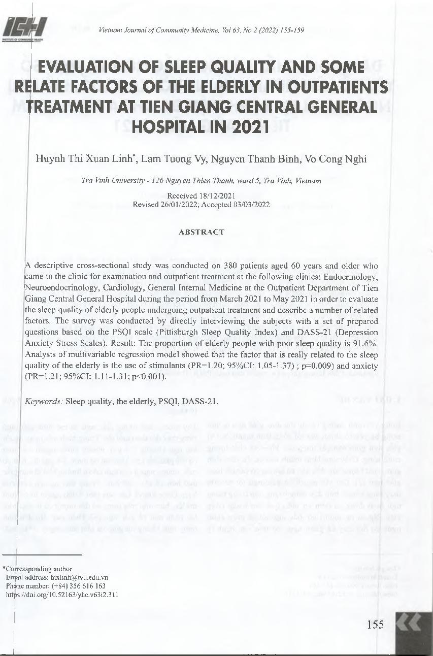 Đánh giá chất lượng giấc ngủ và một số yếu tố liên quan của người cao tuổi điều trị ngoại trú tại Bệnh viện Đa khoa trung tâm Tiền Giang năm 2021 = Evaluation of sleep quality and some relate factors of the elderly in outpatients treatment at Tien Giang C