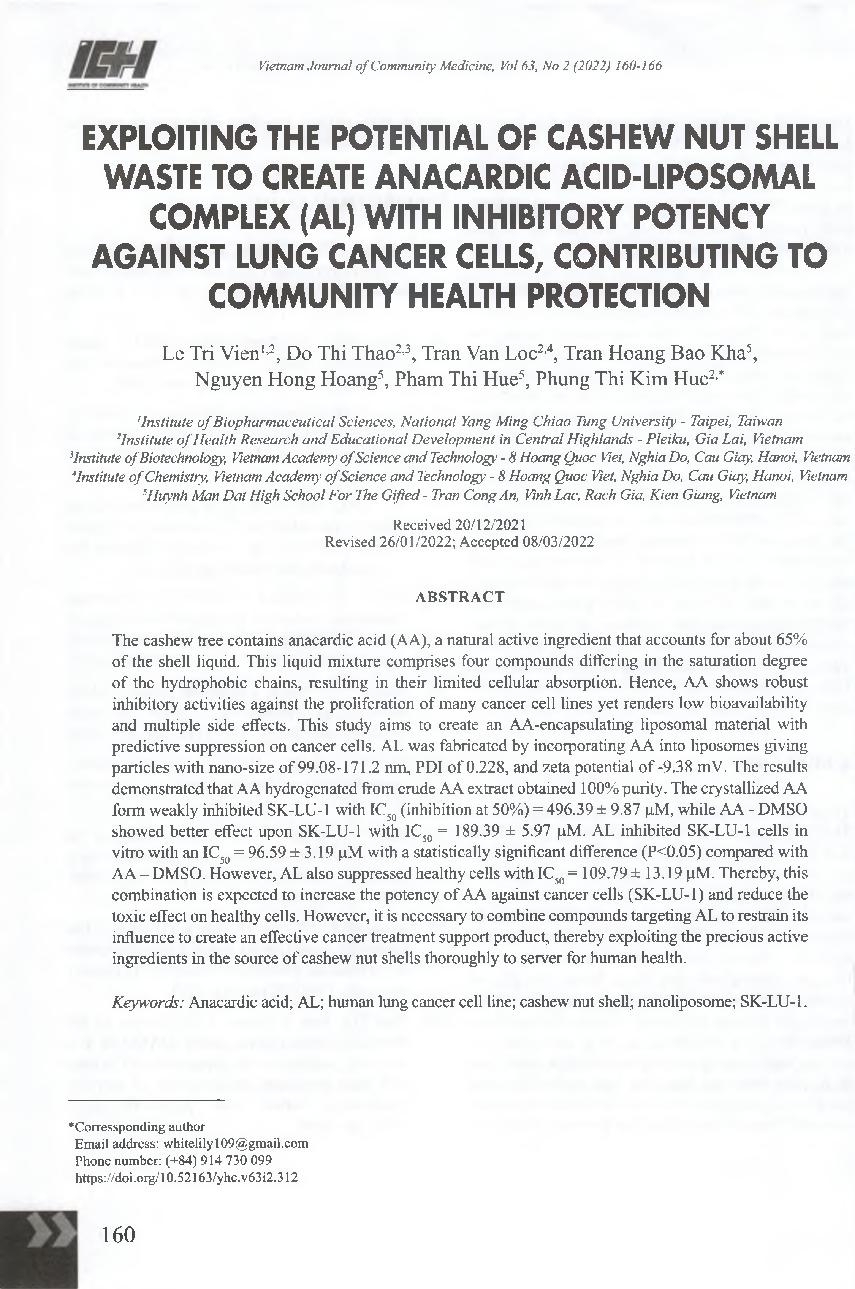 Khai thác tiềm năng nguồn vỏ thải hạt điều tạo chế phẩm liposome anacardic acid (al) có khả năng ức chế tế bào ung thư góp phần bảo vệ sức khỏe cộng đồng = Exploiting the potential of cashew nut shell waste to create anacardic Acid-Liposomal complex (AL) 