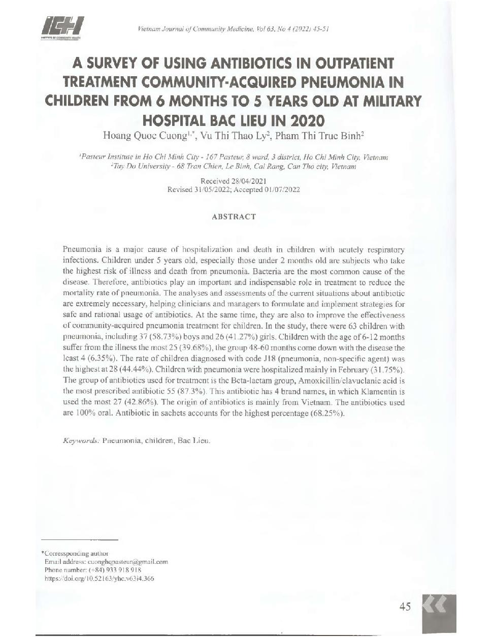 Khảo sát tình hình sử dụng kháng sinh trong điều trị ngoại trú bệnh viêm phổi cộng đồng ở trẻ em từ 6 tháng đến 5 tuổi tại Bệnh viện dân quân y Bạc Liêu năm 2020