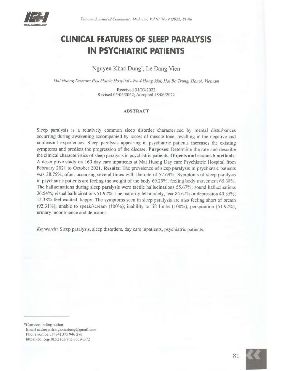 Nghiên cứu đặc điểm lâm sàng ngủ liệt ở người bệnh tâm thần