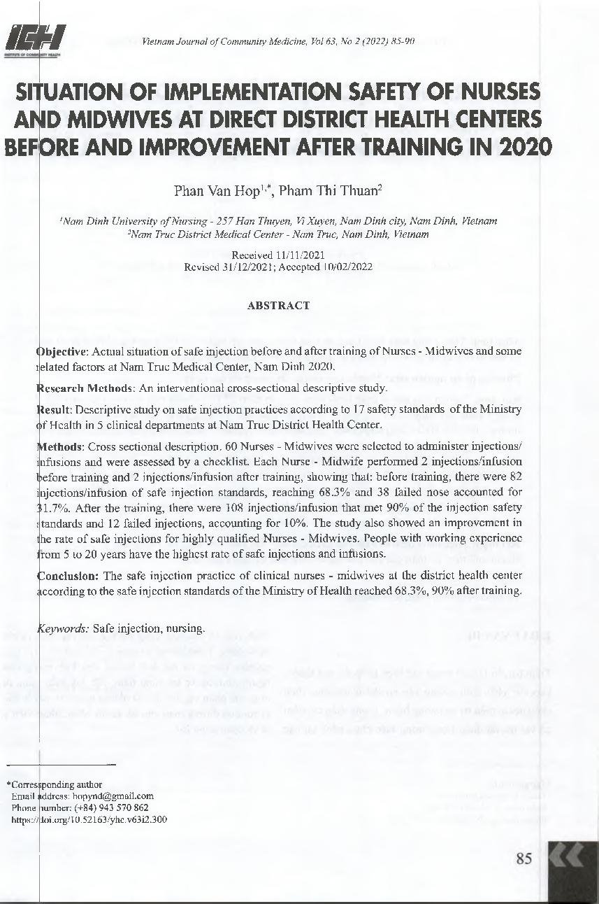 Thực trạng thực hiện tiêm an toàn của điều dưỡng, hộ sinh tại Trung tâm Y tế huyện Nam Trực trước và sau tập huấn năm 2020 = Situation of implementation safety of nurses and midwives at direct district health centers before and improvement