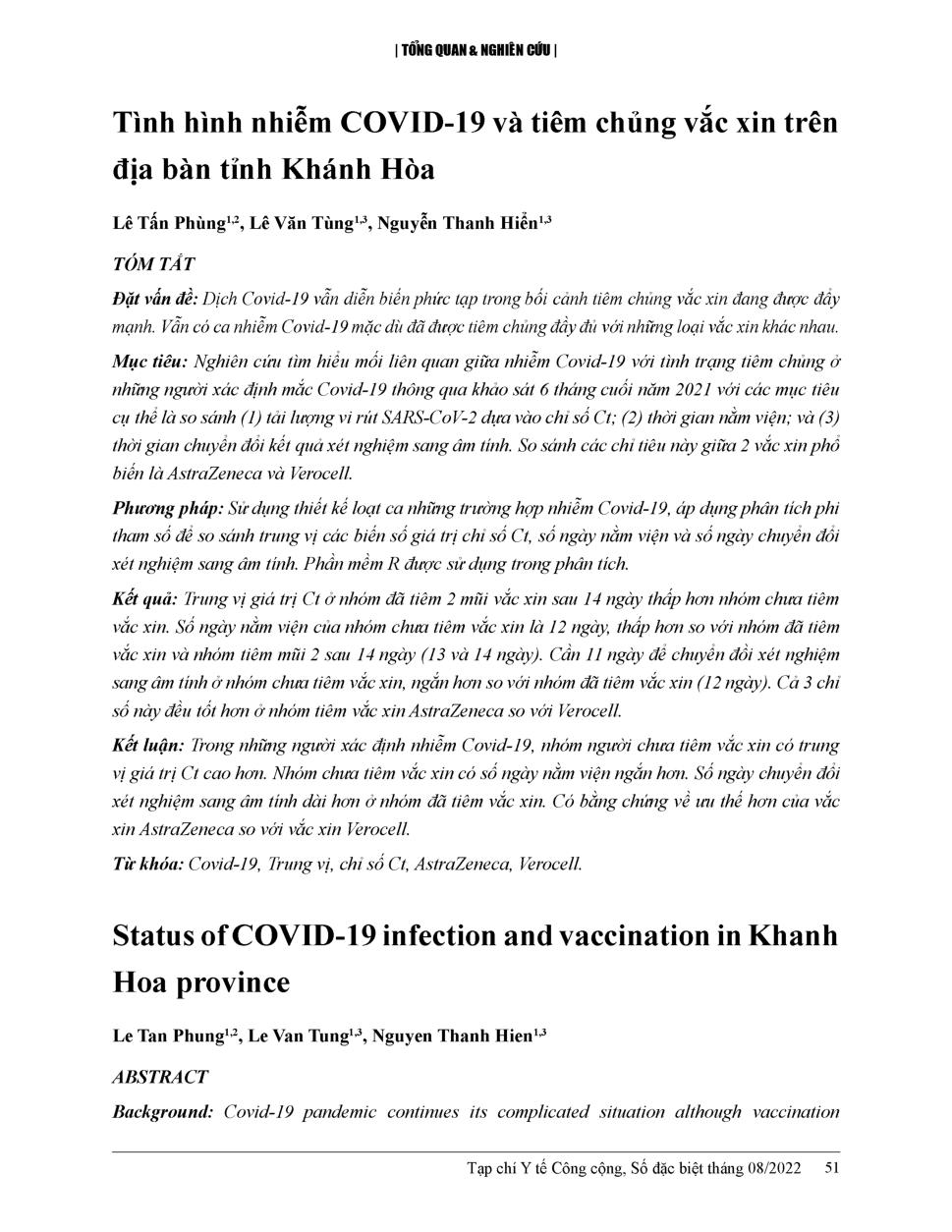 Tình hình nhiễm COVID-19 và tiêm chủng vắc xin trên địa bàn tỉnh Khánh Hòa = Status of COVID-19 infection and vaccination in Khanh Hoa province