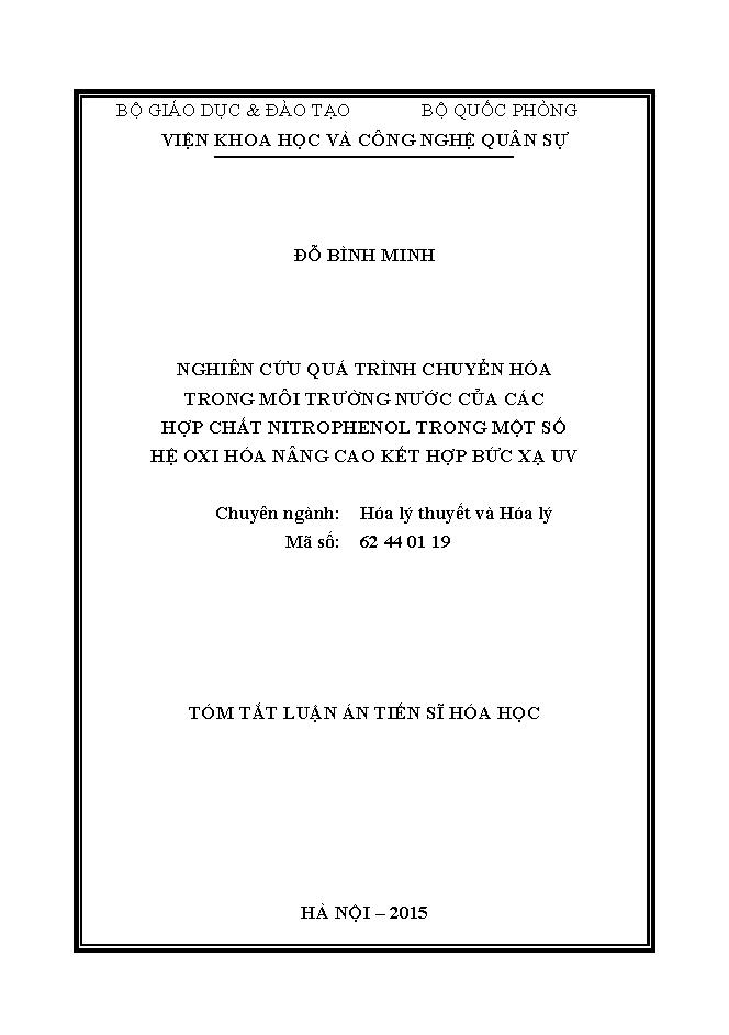 Nghiên cứu đặc điểm quá trỡnh chuyển húa trong mụi trường nước của các hợp chất nitrophenol trong một số hệ oxi hóa nâng cao kết hợp bức xạ UV