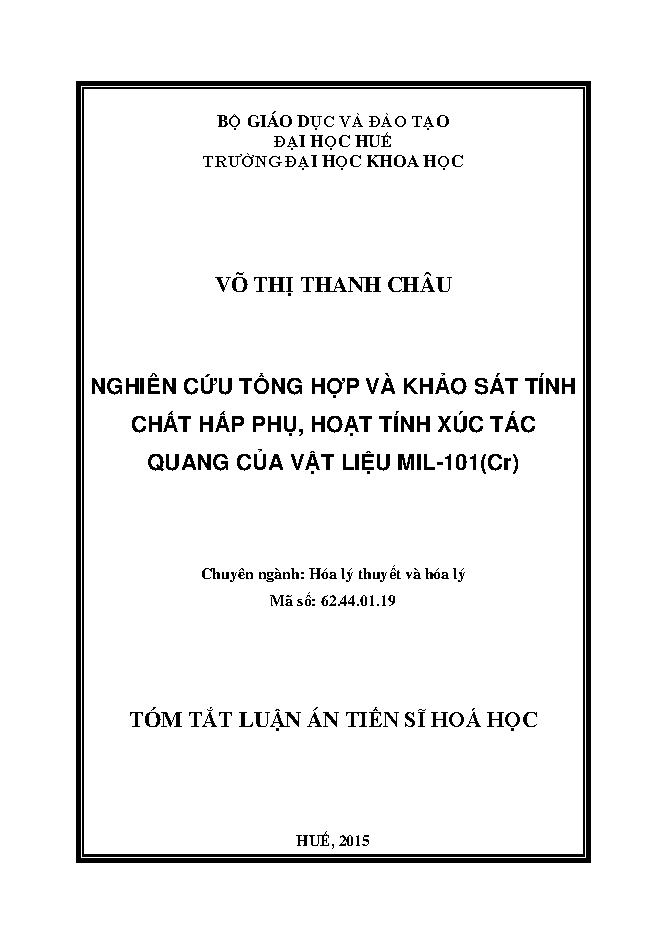 Nghiên cứu tổng hợp và khảo sát tính chất hấp phụ, hoạt tính xúc tác quang của vật liệu MIL-101(Cr)