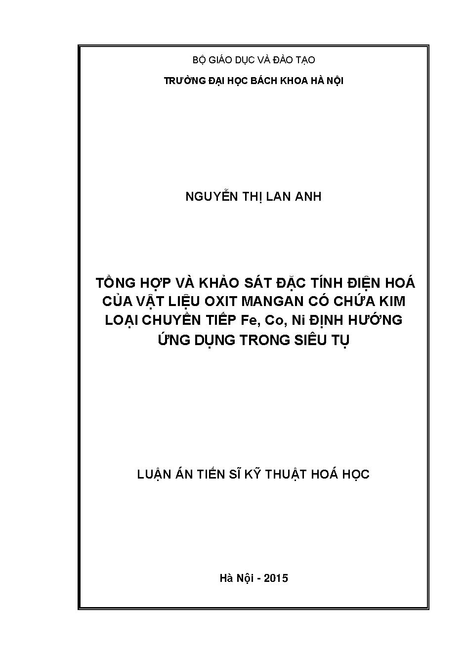 Tổng hợp và khảo sát đặc tính điện hóa của vật liệu oxit mangan có chứa kim loại chuyển tiếp Fe, Co, Ni định hướng ứng dụng trong siêu tụ