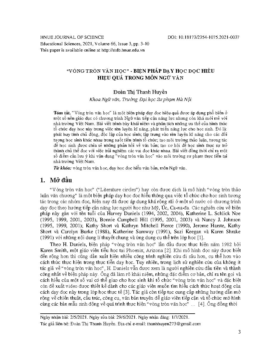 “Vòng tròn văn học” - biện pháp dạy học đọc hiểu hiệu quả trong môn ngữ văn = Using “Literature circles” – An effective reading comprehension teaching method in Vietnam Language Arts
