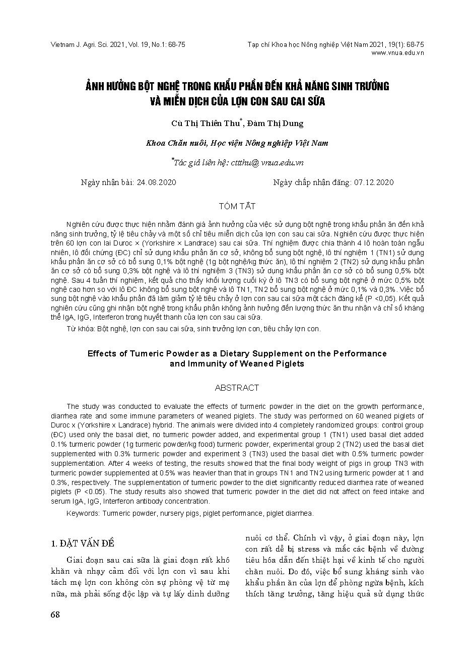 Ảnh hưởng bột nghệ trong khẩu phần đến khả năng sinh trưởng và miễn dịch của lợn con sau cai sữa = Effects of turmeric powder as a dietary supplement on the performance and immunity of weaned piglets