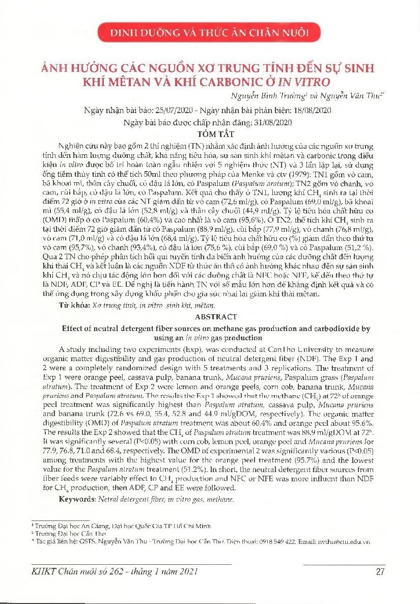Ảnh hưởng các nguồn xơ trung tính đến sự sinh khí mêtan và khí carbonic ở in vitro = Effect of neutral detergent fiber sources on methane gas production and carbodioxide by using an in vitro gas production