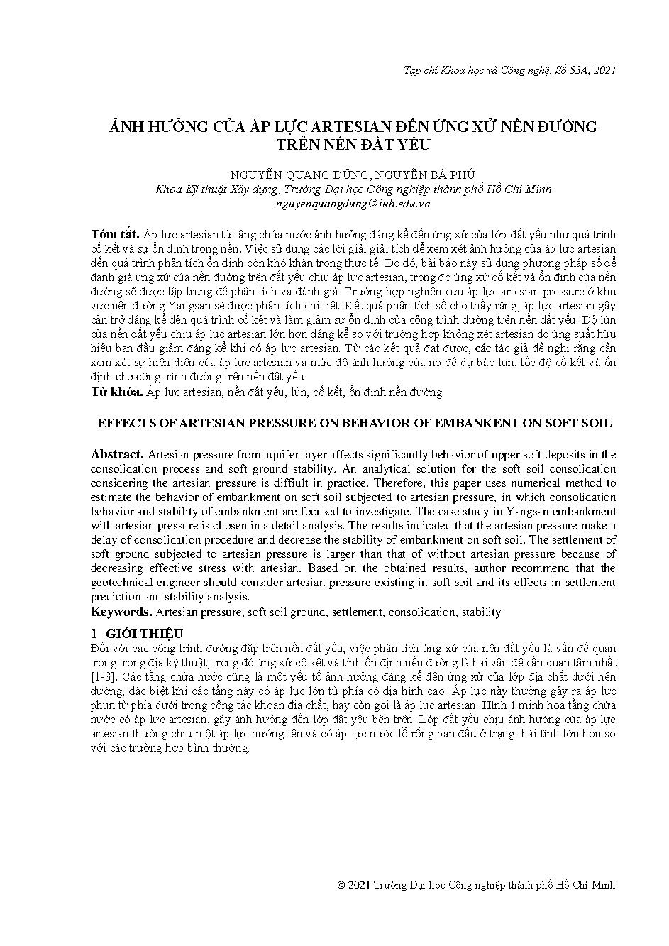 Ảnh hưởng của áp lực artesian đến ứng xử nền đường trên nền đất yếu = Effects of artesian pressure on behavior of embankent on soft soil